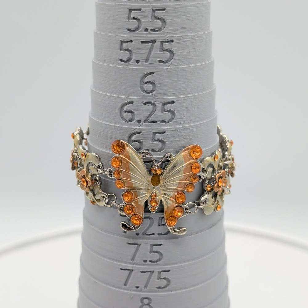 Gold And Silver Tone Enamel Butterfly Floral Link Bracelet Orange Rhinestone - Picture 3 of 16